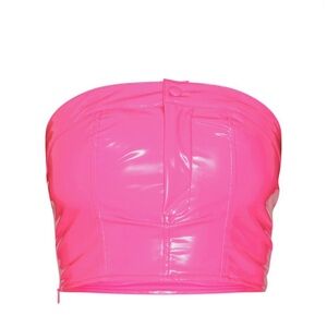 Hot Pink Metallic Faux Leather Popper Detail Corset Crop Top